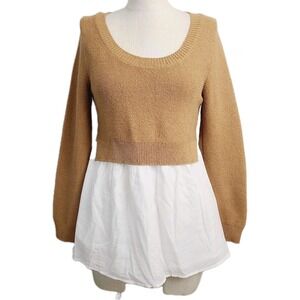 Anthropologie Camel Knit Layered White Blouse Sweater Top Small Feminine‎ Casual